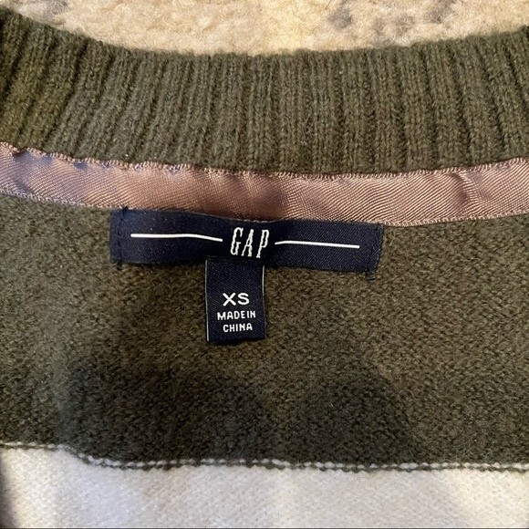 Gap Olive Green & White Stripe Wool Blend Knit V Neck Sweater XS - Picture 6 of 9